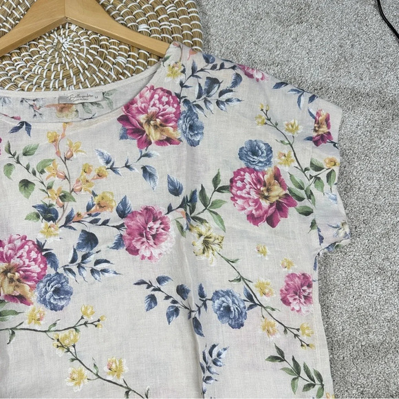Bella Umbra 100% Linen Blouse Light Tan Floral Shortsleeve Made in Italy Size M - Picture 4 of 13